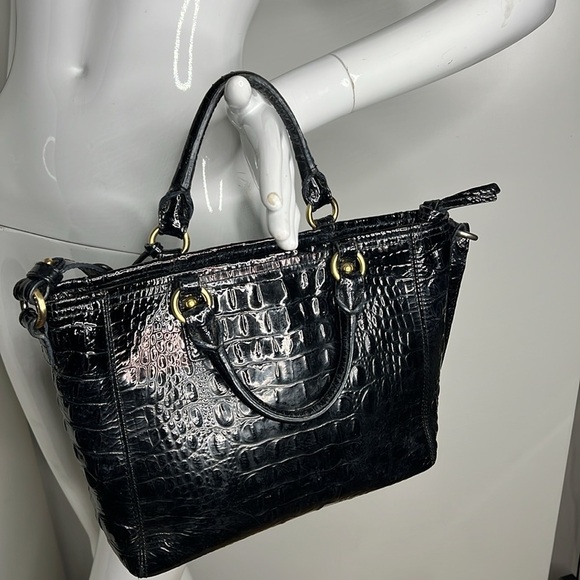 Brahmin Arno Black Patent Croc Caryall Tote Shoulder Zip Double Handle Bag - Picture 3 of 13